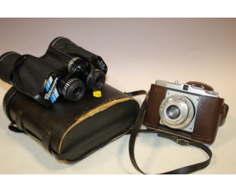 A CASED PAIR OF PATHESCOPE BINOCULARS TOGETHER WITH A VINTAGE CAMERA