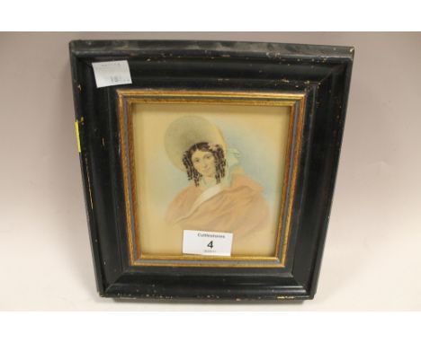 E. FRITH.  A 19th century portrait study of a young woman with bonnet and ringlets, signed lower right, watercolour on paper,