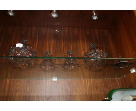 A PAIR OF METAL & GLASS LIGHT SHADES
