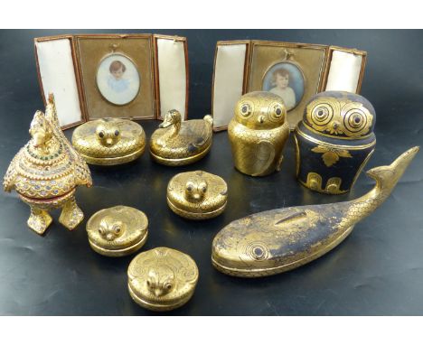 Two colour tinted miniature photographs of an infant boy and girl, cased and a collection of Asian gilt lacquer boxes and ani