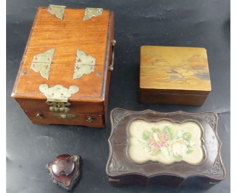 A Japanese Meiji period gold lacquer casket, decorated with a landscape, 13cm, a Chinese hardwood toilet box with internal mi