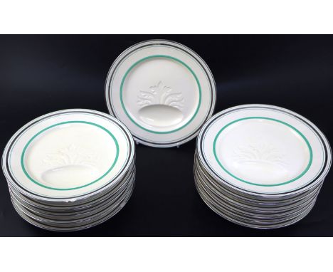 A set of twelve Spode Royal Jasmine pattern plates, with moulded dished bases, green and silver lustred banded decoration, di