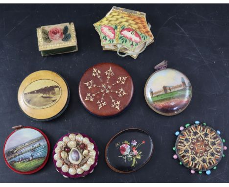 Ten assorted 19th century pin cushions including Tunbridgeware, printed and shell workCONDITION: - embossed tan leather with 