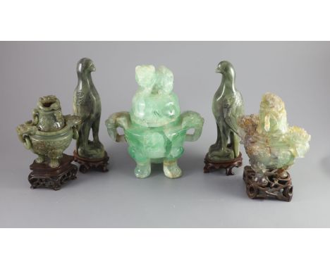 A large Chinese green quartz tripod censer, a Chinese green jade tripod censer, incomplete, a fluorite two handled censer and