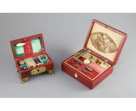 Two early 19th century red leather work boxes with assorted fittingsCONDITION: - plain rectangular example with ivory escutch