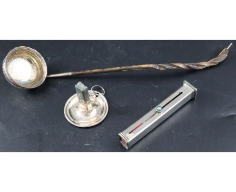 A George III white metal toddy ladle, 30.7cm (handle damaged) and two later sealing wax holders, one silver.