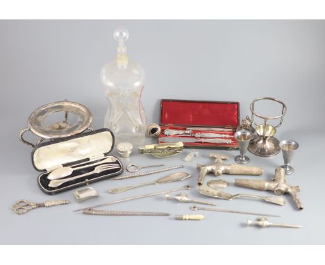 A group of assorted small silver including christening sets, an hourglass decanter and sundry plated waresCONDITION: - George