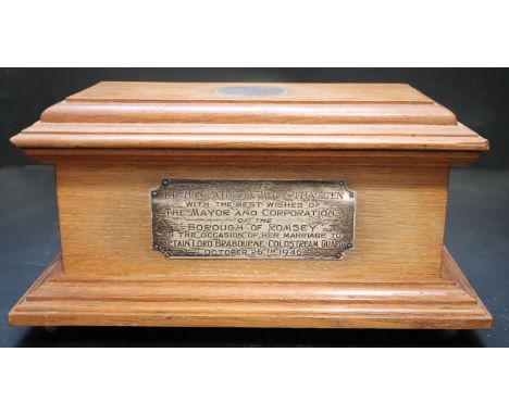 A silver mounted oak casket, presented by the Borough of Romsey to The Honourable Patricia Mountbatten on the occasion of her