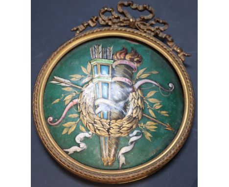 A 19th century French enamelled copper trophy plaque, in ormolu ribbon frame, decorated with a torch, quiver, bow, arrow and 