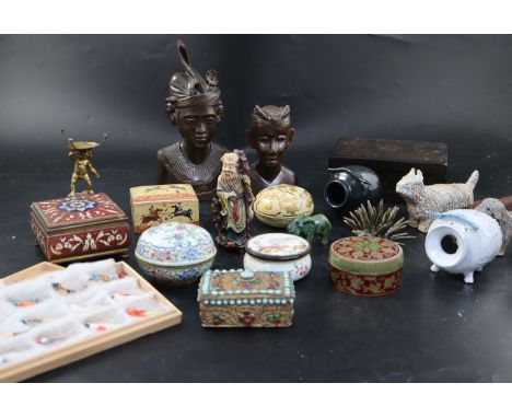 A group of assorted boxes and ornaments including French enamel and TibetanCONDITION: - late 19th century French champleve en