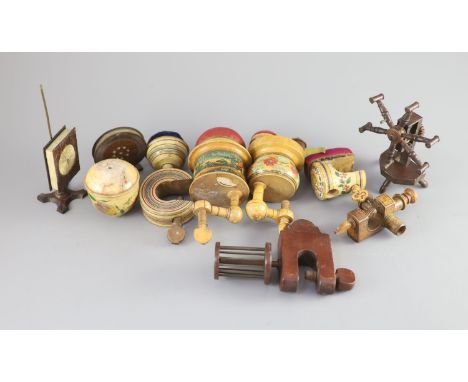 A collection of assorted Victorian sewing clamps and other accessoriesCONDITION: - Tunbridgeware style pin cushion clamp pain