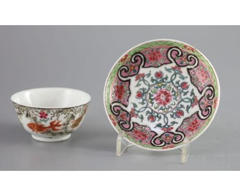 A Chinese Qianlong tea bowl decorated with goldfish, and an associated saucer, diameter 7.5cm and 10.5cmCONDITION: Saucer wit