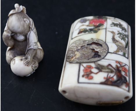 A Japanese Meiji period ivory and shibayama three division inro, decorated with panels of birds and flowers, signed, 7cm, and
