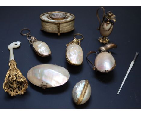 A collection of 19th century Palais Royale trinkets including scent bottles and a small casket (9)CONDITION: -oval casket wit