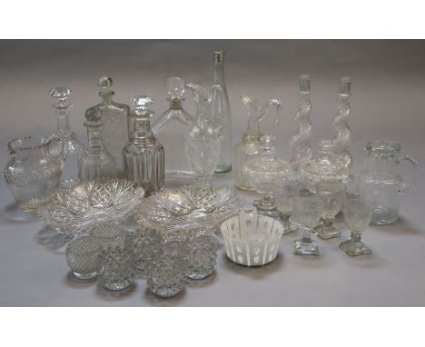 A group of assorted early 19th century and later glassware, including a pair of early Victorian heavy cut glass dishes, 28cm,