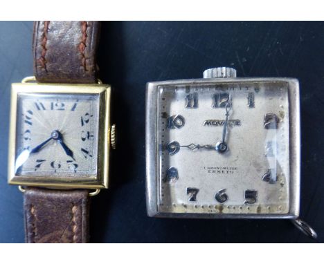 A 1920's lady's 18ct gold square dial manual wind wrist watch, 21mm, gross 14.8 grams and a white metal Movado chronometre Er