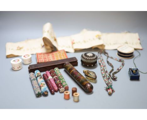 A collection of assorted Victorian and later sewing accessories including beadworkCONDITION: - blue beadwork case with white 