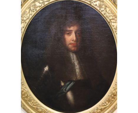 Follower of Peter Lely (1618-1680)oil on canvasPortrait of King James IIoval, 76 x 63.5cmCONDITION: Oil on canvas relined man
