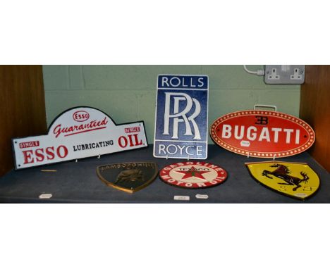 Six signs, Rolls Royce, Esso, Bugatti, Ferrari, Texaco, Lamborghini