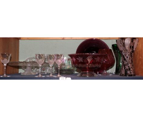 A set of four J G Durand, stemmed glasses, a cranberry tinted glass tazza, together with matching rectangular tray and ruby g