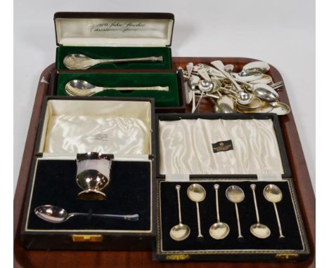 A group of silver, including, a cased set of six Elizabeth II silver and enamel coffee-spoons, Birmingham, 1956, the back of 