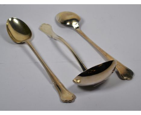 A pair of Victorian Silver basting-spoons and a soup-ladle, by John and William Deakin, Sheffield, 1898, with shaped handle, 