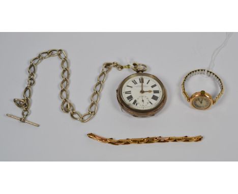 A silver open faced pocket watch, with a curb link silver watch chain; and a lady's 9ct gold wristband with detached bracelet