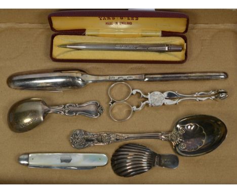 A group of assorted silver flatware, including: a George II silver marrow-scoop, London, 1736; a pair of George III silver su