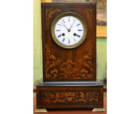 A French rosewood inlaid striking mantel clock, enamel, dial signed Potonie Paris, first half of 19th century