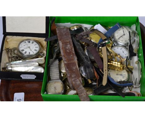 A silver pocket watch, four silver and mother-of-pearl pen knives, pocket watches and wristwatches