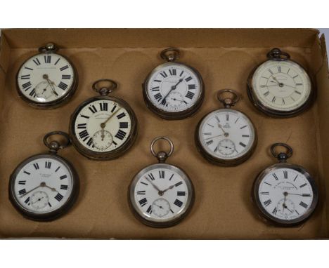 A silver chronograph pocket watch, and seven other silver open faced pocket watches (8)