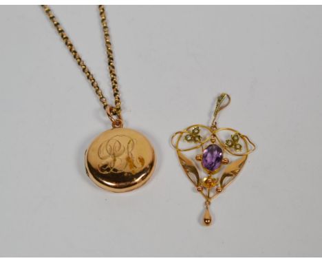 A 9 carat gold locket on a chain stamped '9' '.375', chain length 56cm, and an amethyst and seed pearl Art Nouveau pendant, m
