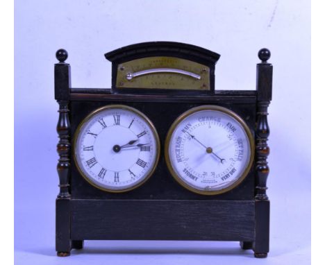 A Victorian ebonised desk compendium, comprising timepiece, aneroid barometer and thermometer 