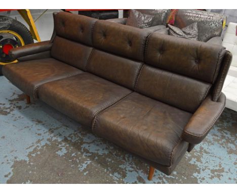 SOFA, 1970's 'Ranch' style grained and stitched leather with three seat and back cushions, 206cm W.