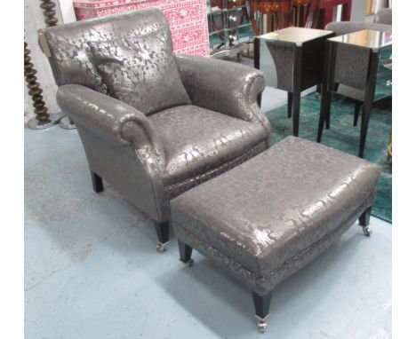 ANDREW MARTIN ARMCHAIR, in silvered fabric on square castor supports, 88cm W plus matching footstool and cushion. (3)