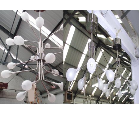 CHANDELIERS, a set of three modern halogen ceiling lights, opaque glass shades on polished steel frame, reputedly a bespoke c
