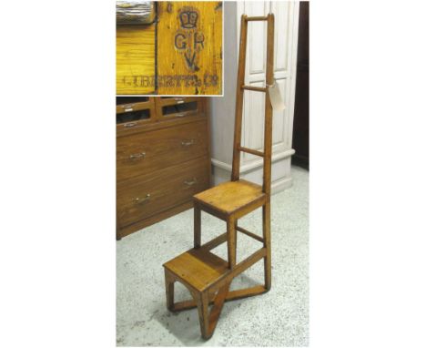 LIBERTY LIBRARY STEPS, George V oak with two steps and ladder supports, stamped 'SVR Liberty & Co.', 145cm H.