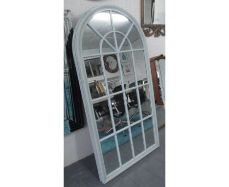 ARCHITECTURAL MIRRORS, a pair, with domed top in a distressed blue frame, 170cm x 90cm. (2)
