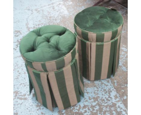 STOOLS, a pair, circular with green button tops on striped fabric frame, 36cm diam. x 52cm H. (2)