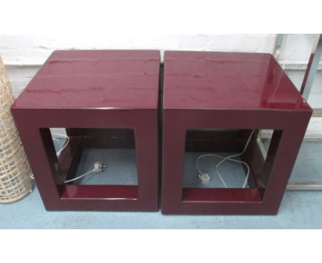 OCCASIONAL TABLES / LAMP TABLES, a pair, in burgundy lacquer, 49cm x 52cm. (2)