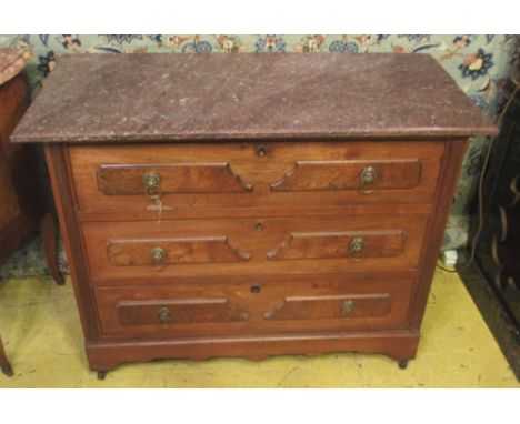 COMMODE, late 19th century Continental walnut, the marble top over three drawers with applied decorative panels, 83cm H x 107