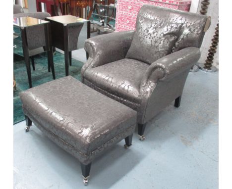 ANDREW MARTIN ARMCHAIR, in silvered fabric on square castor supports, 88cm W plus matching footstool and cushion. (3)