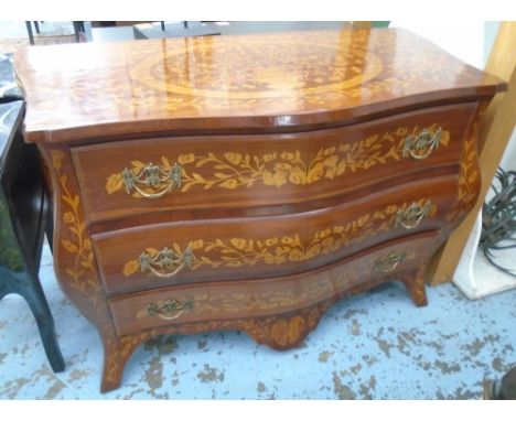 COMMODE, Dutch style with inlaid marquetry throughout, three drawers, 132cm x 66cm x 223cm H.