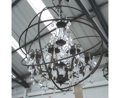 CHANDELIER, eight branch, spherical, in metal with glass drops, 87cm H plus chain.