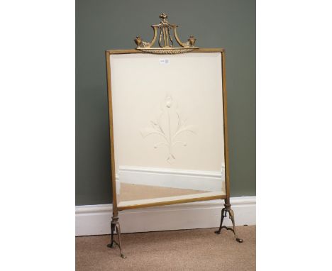 Adams brass framed firescreen, classical lyre cresting rail, bevel edge mirror panel, out spreading supports, W49cm, H87cm