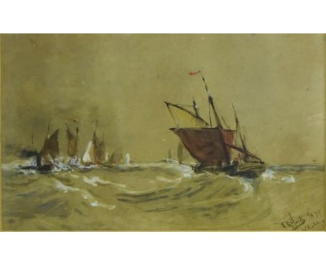 Thomas Bush Hardy (British 1842-1897): Herring Fleet in Choppy Seas, watercolour sketch highlighted in white signed and dated