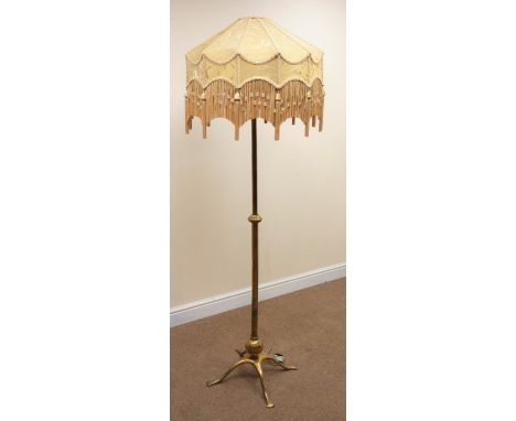 Arts &amp; Crafts standard lamp base in brass by WAS Benson with "Downton Abbey" silk lamp shade, H123cm (This item is PAT te