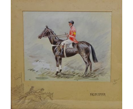 'Agrippa' - Racehorse Portrait with rider up, watercolour signed and dated 1932 with remarque in pencil 24cm x 30cm
