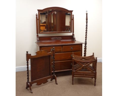Edwardian dressing chest, raised mirror back, two short and two long drawers, shaped bracket supports (W107cm, H160cm, D51cm)