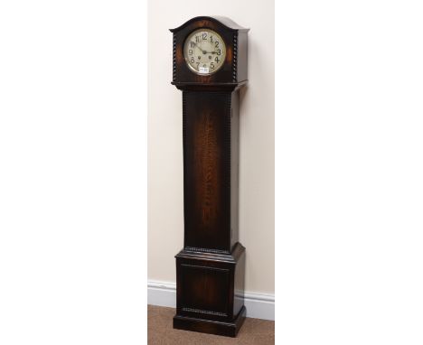 Early 20th century oak serpentine top grandmother clock, twin train movement striking the half hours on a gong, H125cm 